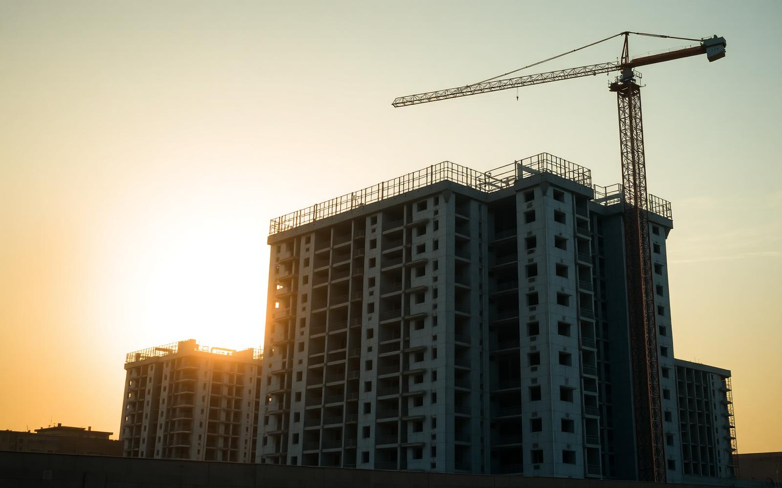 Concrete structural frame of a residential development at golden hour