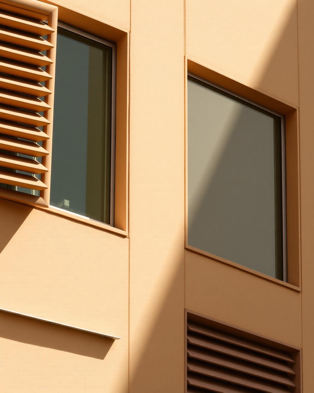 Sunlit facade detail with deep-set windows and louvers