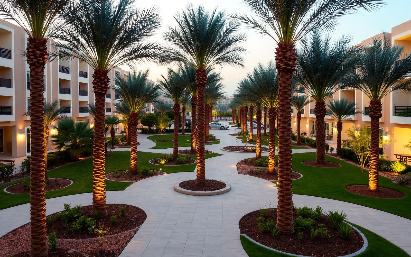 Landscaped park with palm trees inside a contemporary residential community