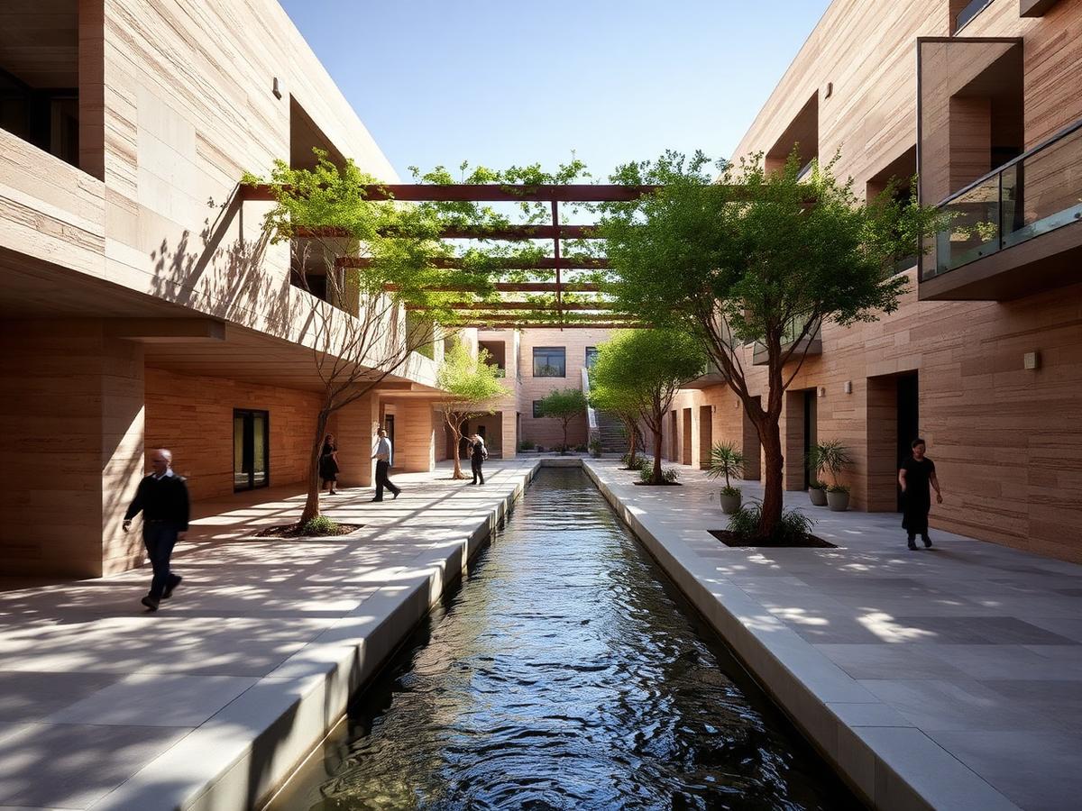 Shaded courtyard with a water channel in a modern Egyptian development