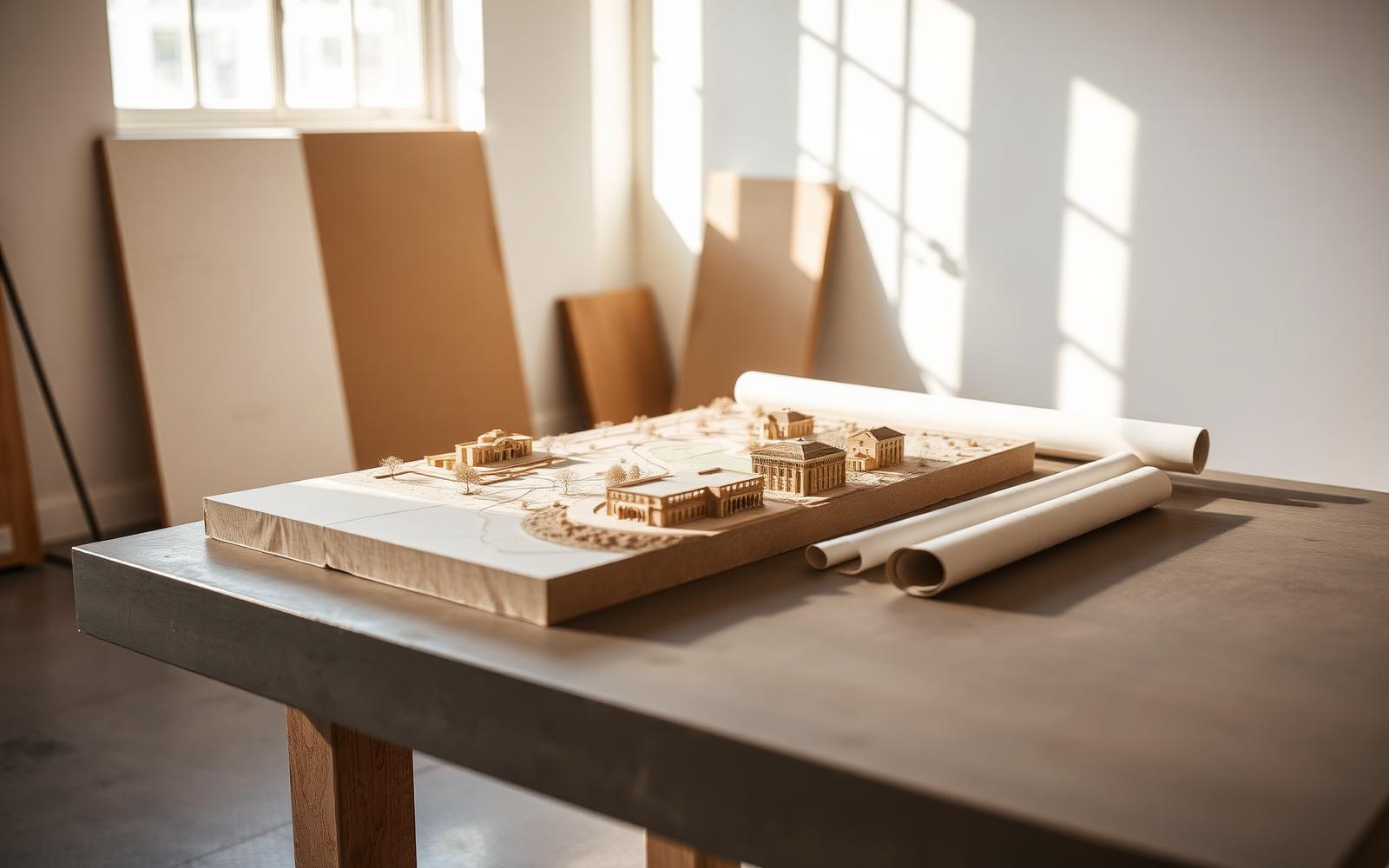 Drawings and a site model in a planning studio