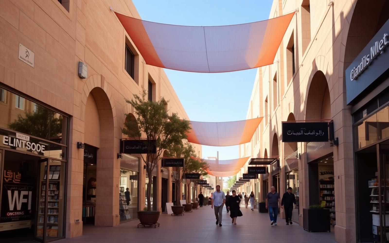 Ground-floor retail arcade with shade sails in a modern development